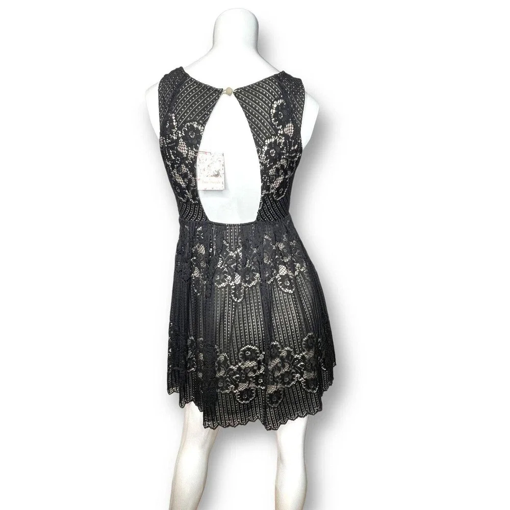 NEW NWT Free People Black Lace Overlay Nude Mini Dress size 2 Fit and Flare - Picture 2 of 6